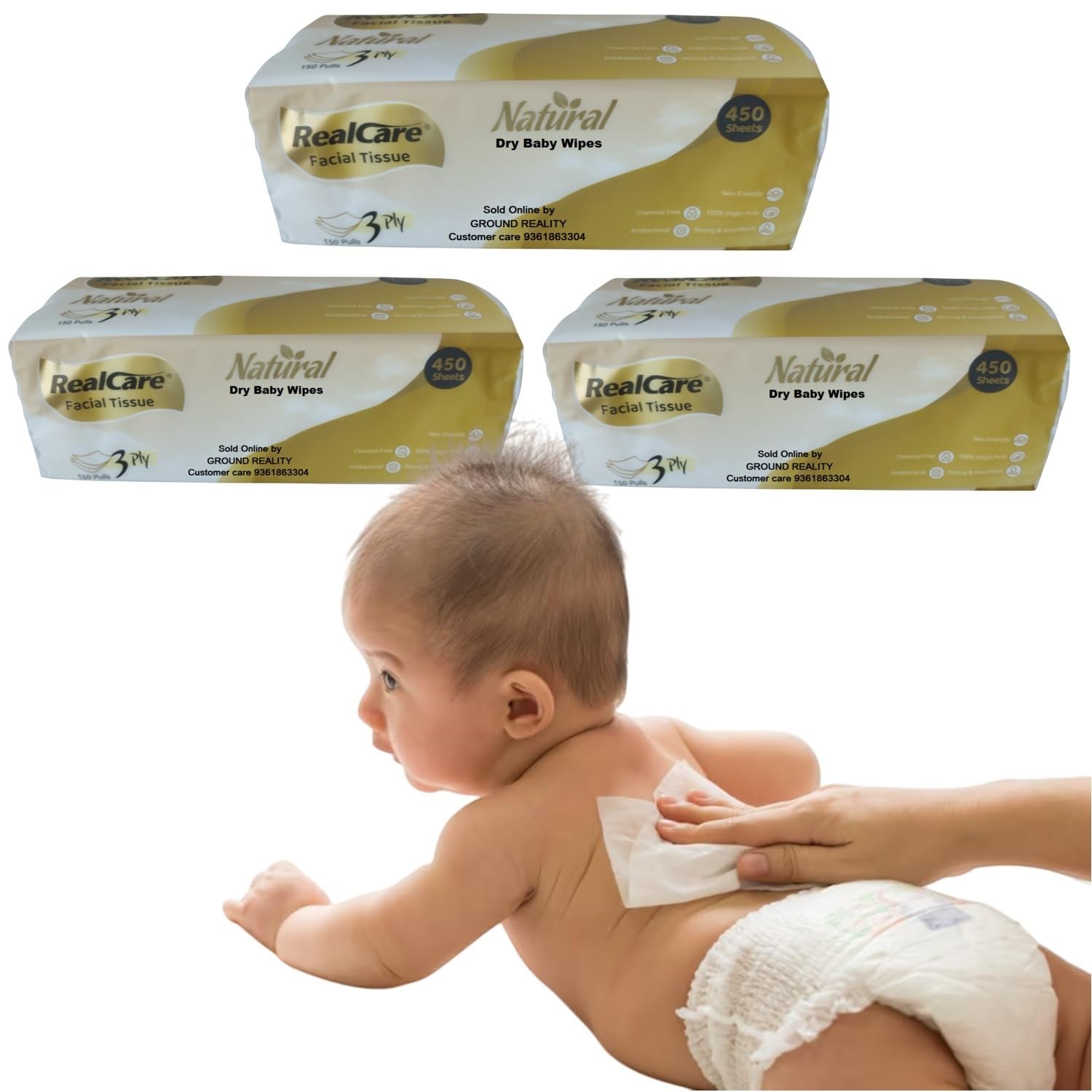 LUREME Real Care New Born Baby Dry Wipes, 3 Ply Extra Thick, 100% Chemical Free, Hypoallergenic, Ultra soft Cotton Tissue Wipes for Baby Cleaning, Diapering, Makeup removal (3 Pack | 450 Sheets)