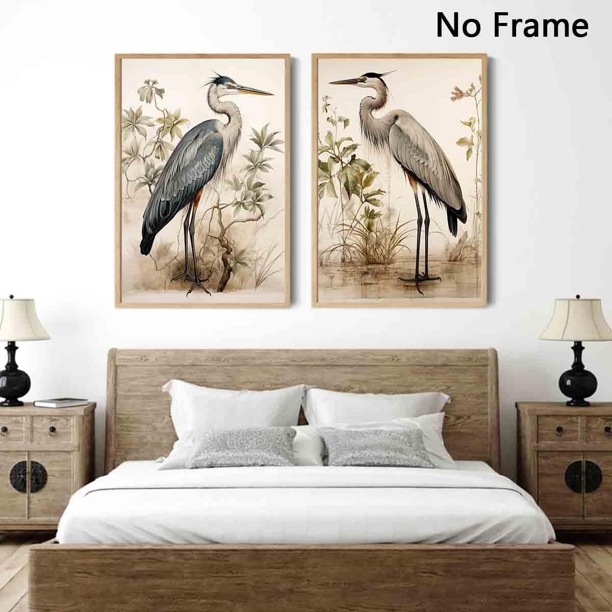 Mostemauo Grey Heron Bird Wall Art Canvas Print Poster, 16x24inchx2pcs No Frame