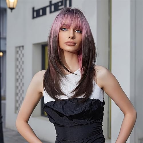 Miniatura 2 de WL-09 Pelucas de longitud larga para mujer, peluca en capas con flequillo, cabello largo y lacio, longitud hasta el hombro, pelucas sintéticas