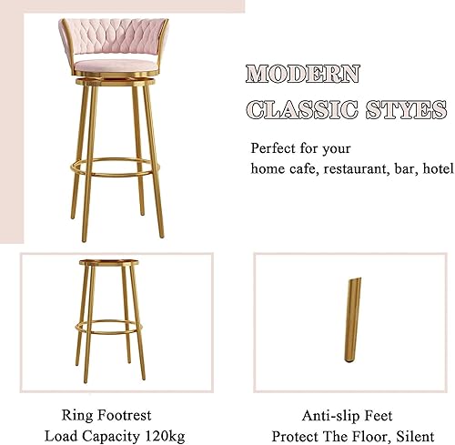Miniatura 4 de Juego de 2 sillas de bar de terciopelo para cocina silla de recepción moderna silla de isla de cocina taburete de bar giratorio de 360 con respaldo