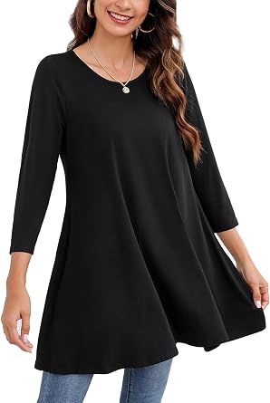 Enmain Womens Tunic Top 3/4 Long Sleeve Tunics for Women UK Plus Size Round Neck Longline Tops for Leggings Ladies Swing T Shirt Casual Loose Stretch Comfortable Blouses Shirts S-5XL