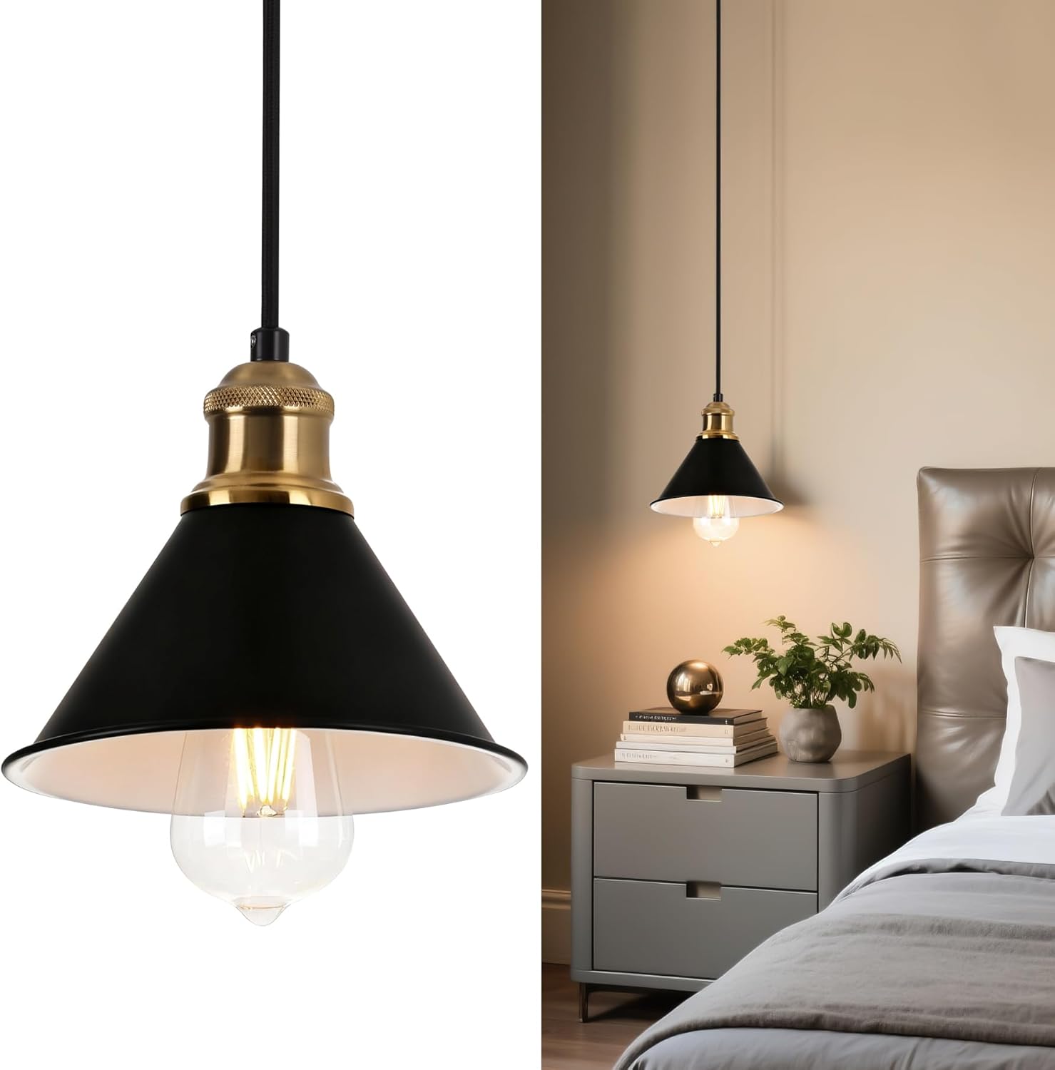 Modern Pendant Light for Kitchen Island, 9.06" Matte Black with Leather Strap Accents, Industrial Hanging Ceiling Lamp with Gold Finish, Adjustable Height for Dining Room Bar Sink, E26 Base