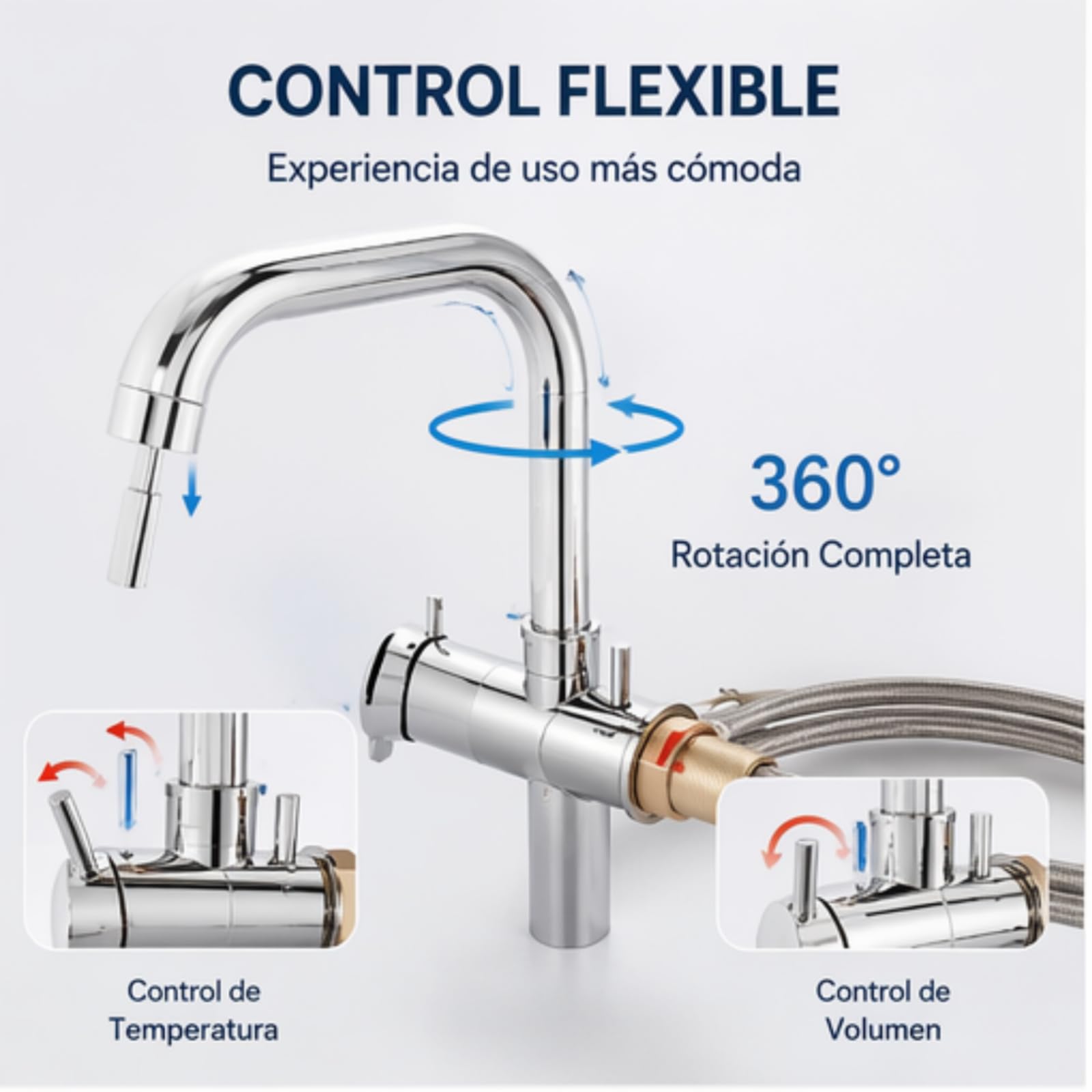 Grifo de Cocina 3 Vías Con Filtro de Agua - 3 en 1 Para Ósmosis - Agua Potable - Latón Giratorio