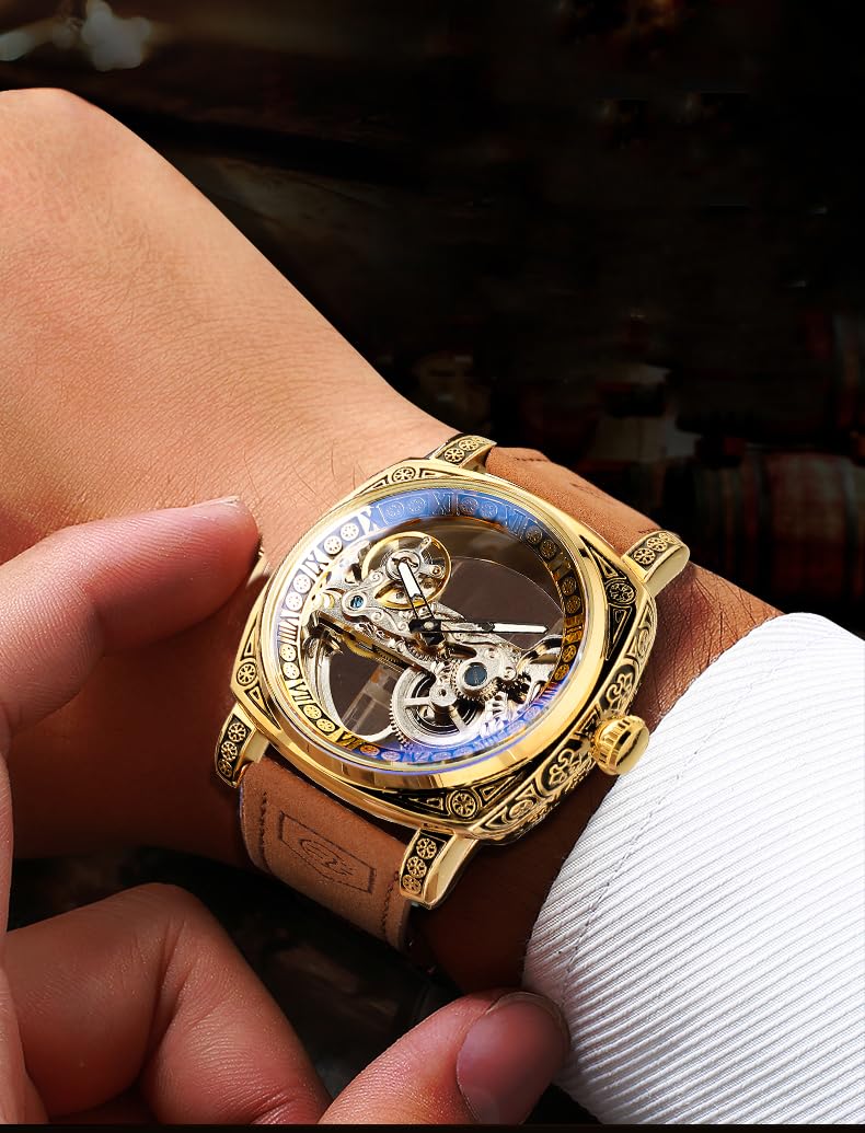 FORSINING Fancy Uhren für Männer, quadratische Retro mechanische Uhr Self-Wind geschnitzt, Gear Uhrwerk Golden Skelett Automatische Uhren Vintage Lederarmband Armbanduhr