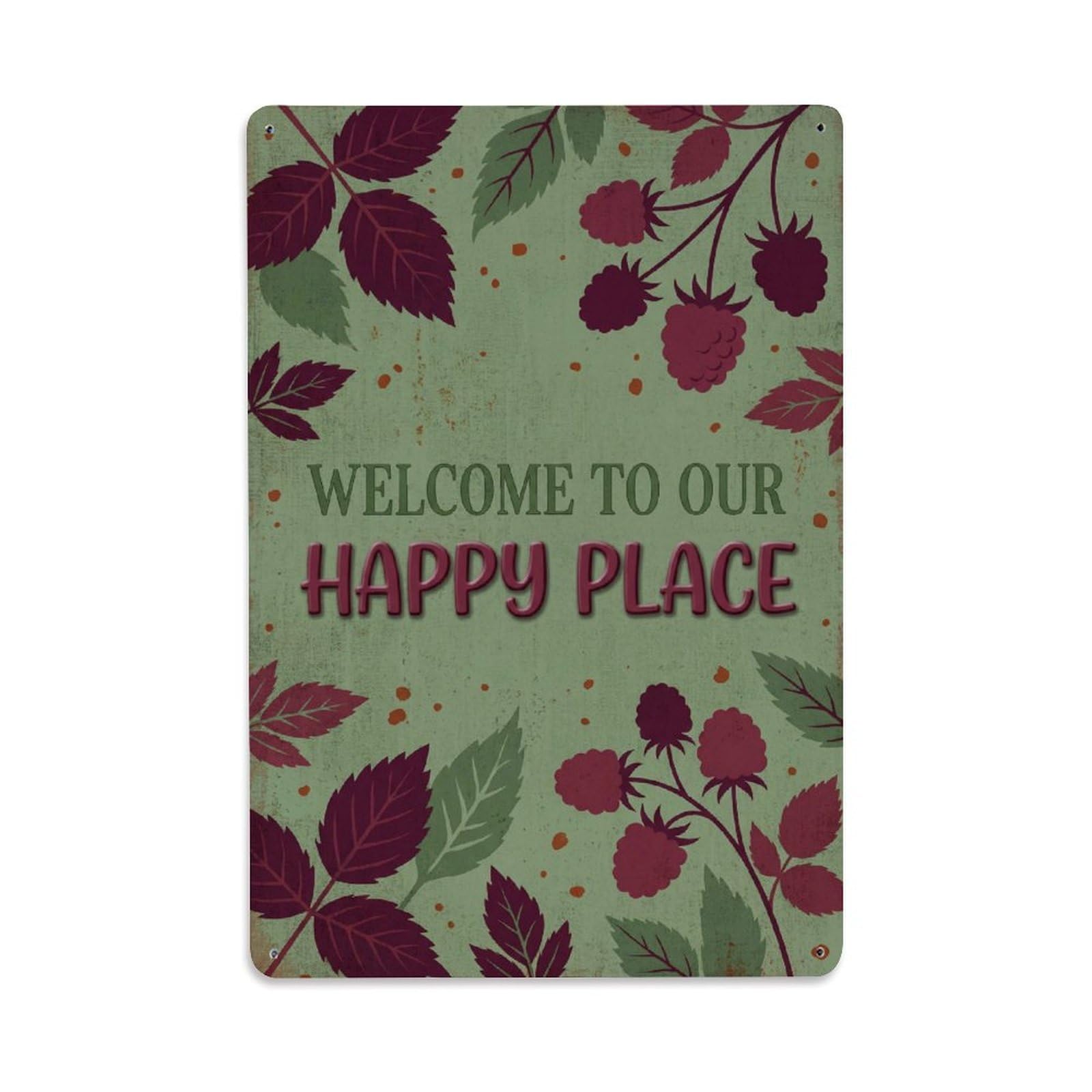 Welcome To Our Happy Place Wineberry Garden Metal Tin Sign Plaque Wall Decor for Cafe, Club Bar, Office, Home Garden Metal Poster 8x12Inch
