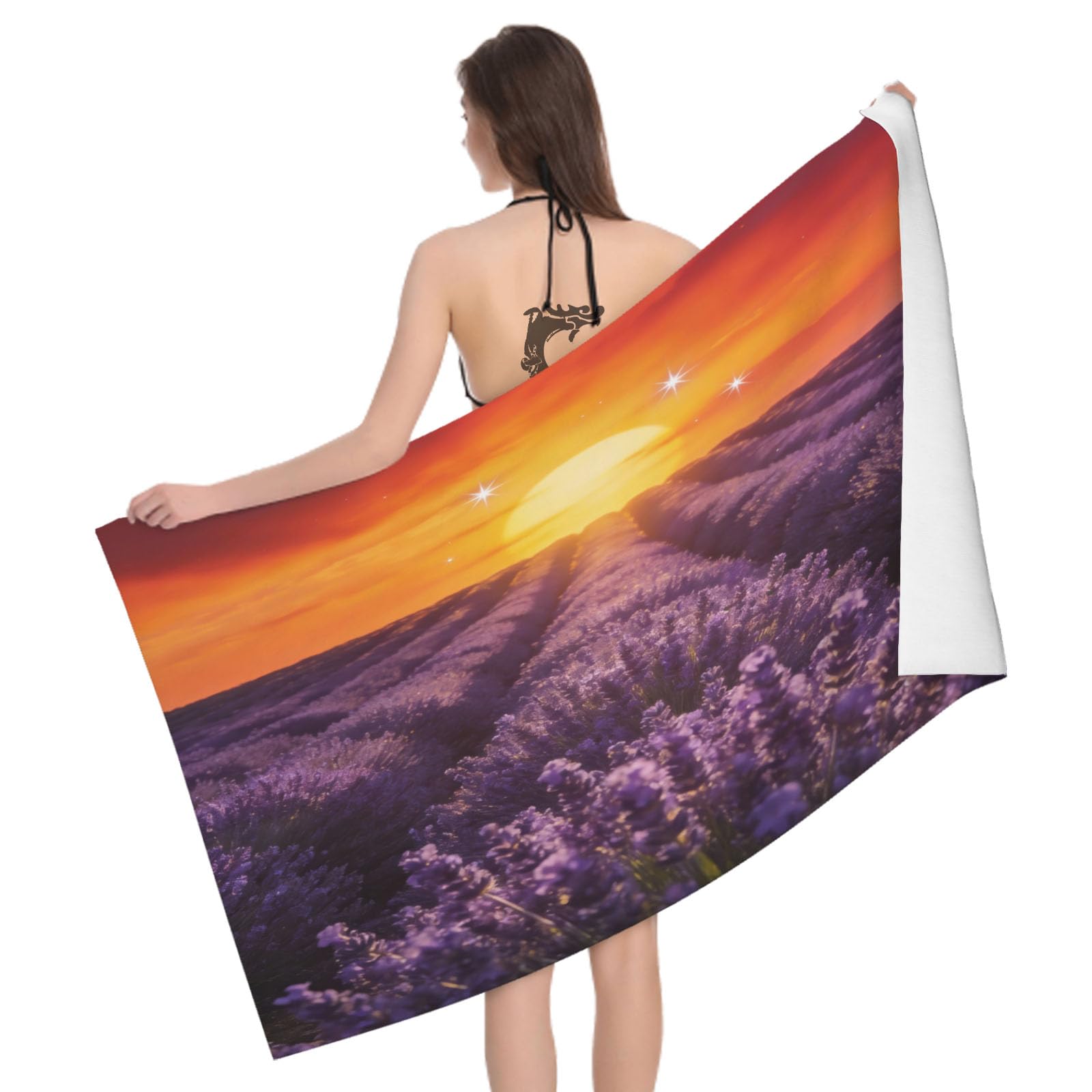 Leichong 3D Lavender Beach Towel Large Microfiber Soft Quick Dry for Adults, Sunset Bath Towel Lightweight Soft Absorbent for Travel Swimming Pool Sports, 80 x 160 cm