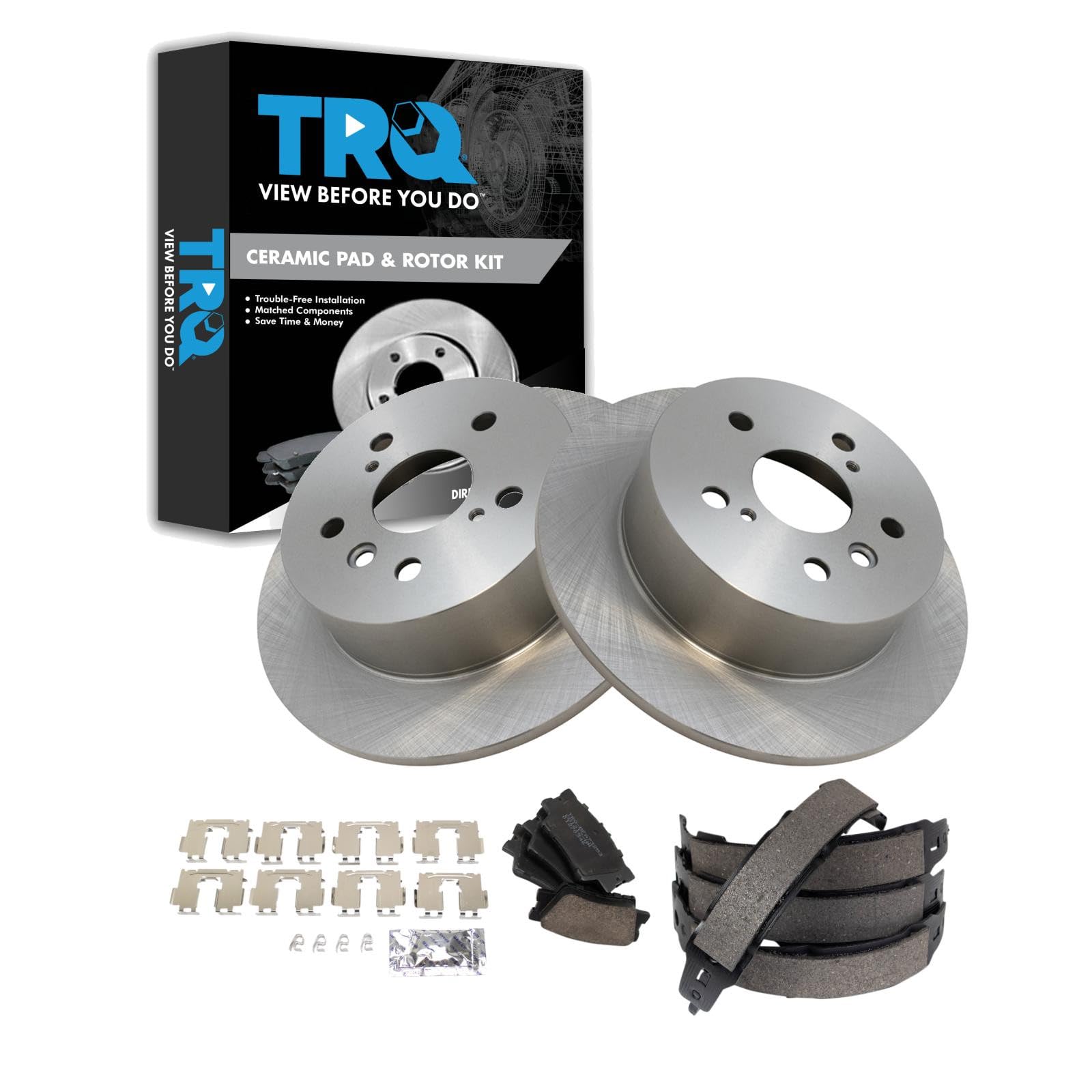 TRQ Rear Brake Pad and Rotor Set Ceramic Parking Brake Shoes Compatible with 2013-2018 Lexus ES300h ES350 Toyota Avalon 2012-2017 Camry