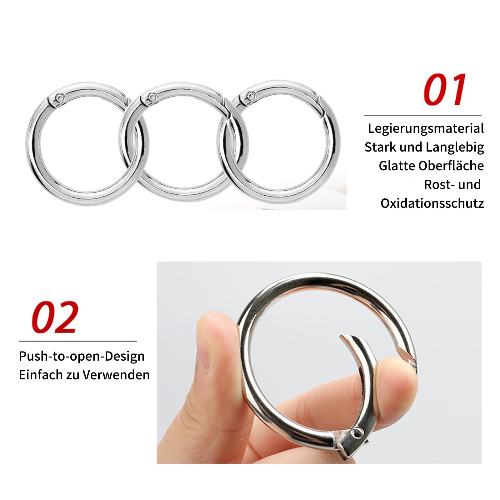 10 moschettoni rotondi da 45 mm, in lega, con moschettone, rotondi, per portachiavi, borse, fai da te, accessori