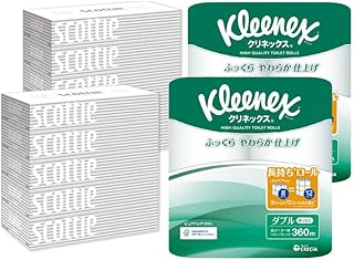 【定期便】《3ヶ月ごとに4回お届け》トイレットペーパー クリネックス ダブル 長持ち 8ロール×2P & ティッシュペーパー スコッティ10箱(5箱×2P) 秋田市オリジナル
