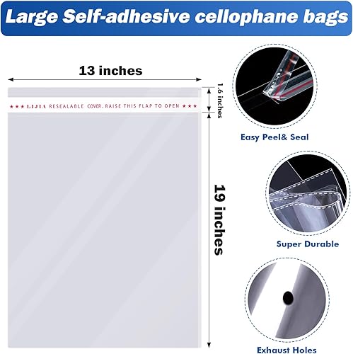 Miniatura 5 de Bolsas de celofán resellables transparentes grandes de 13 x 19 pulgadas para productos de embalaje, 500 unidades, bolsas de regalo autosellantes,