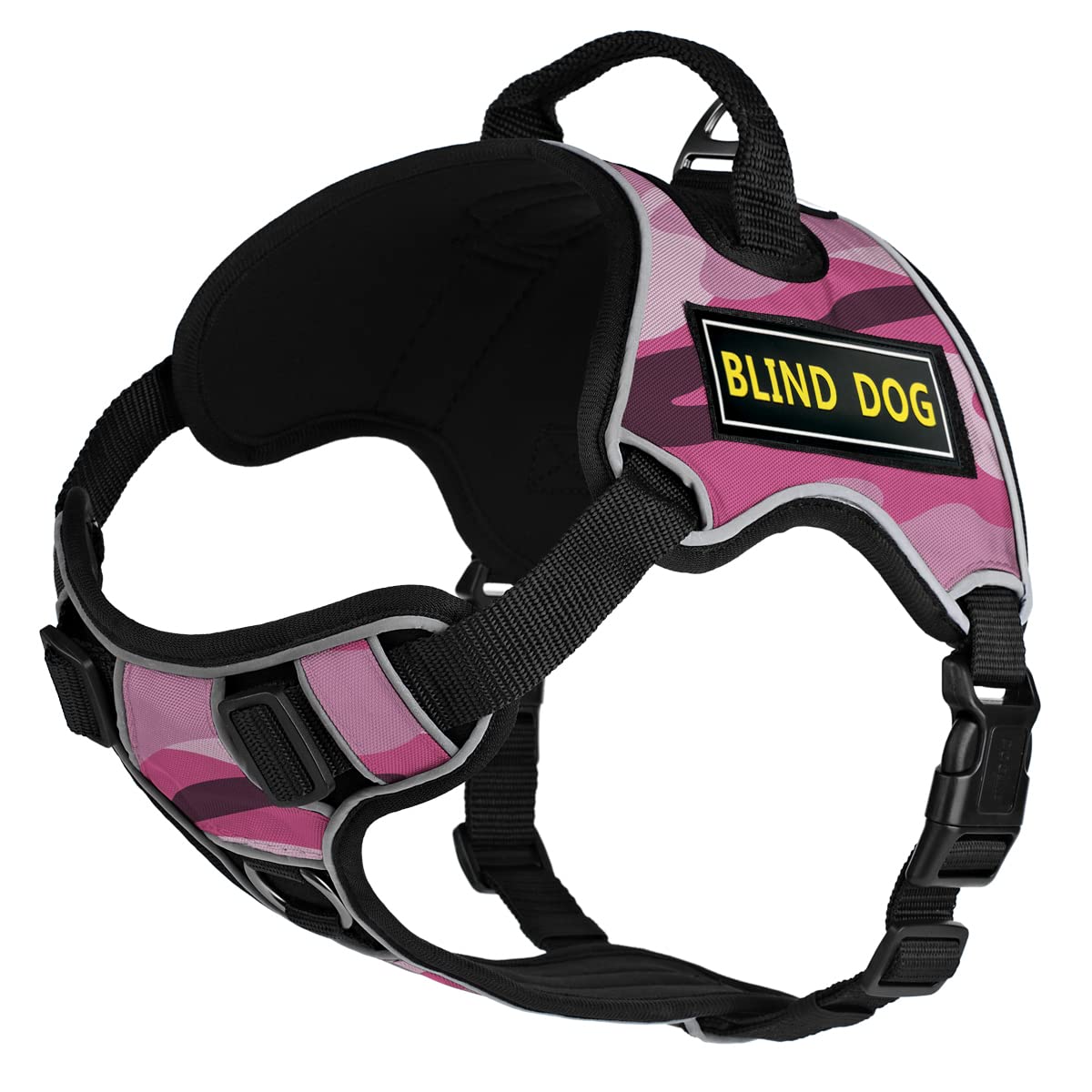 DoglineQuest No-Pull Dog Harness with 3D Rubber Blind Dog Removable Patches Reflective Soft Comfortable Dog Vest with Quick Release Dual Buckles Black Hardware and Handle 18 to 22 inches Pink Camo