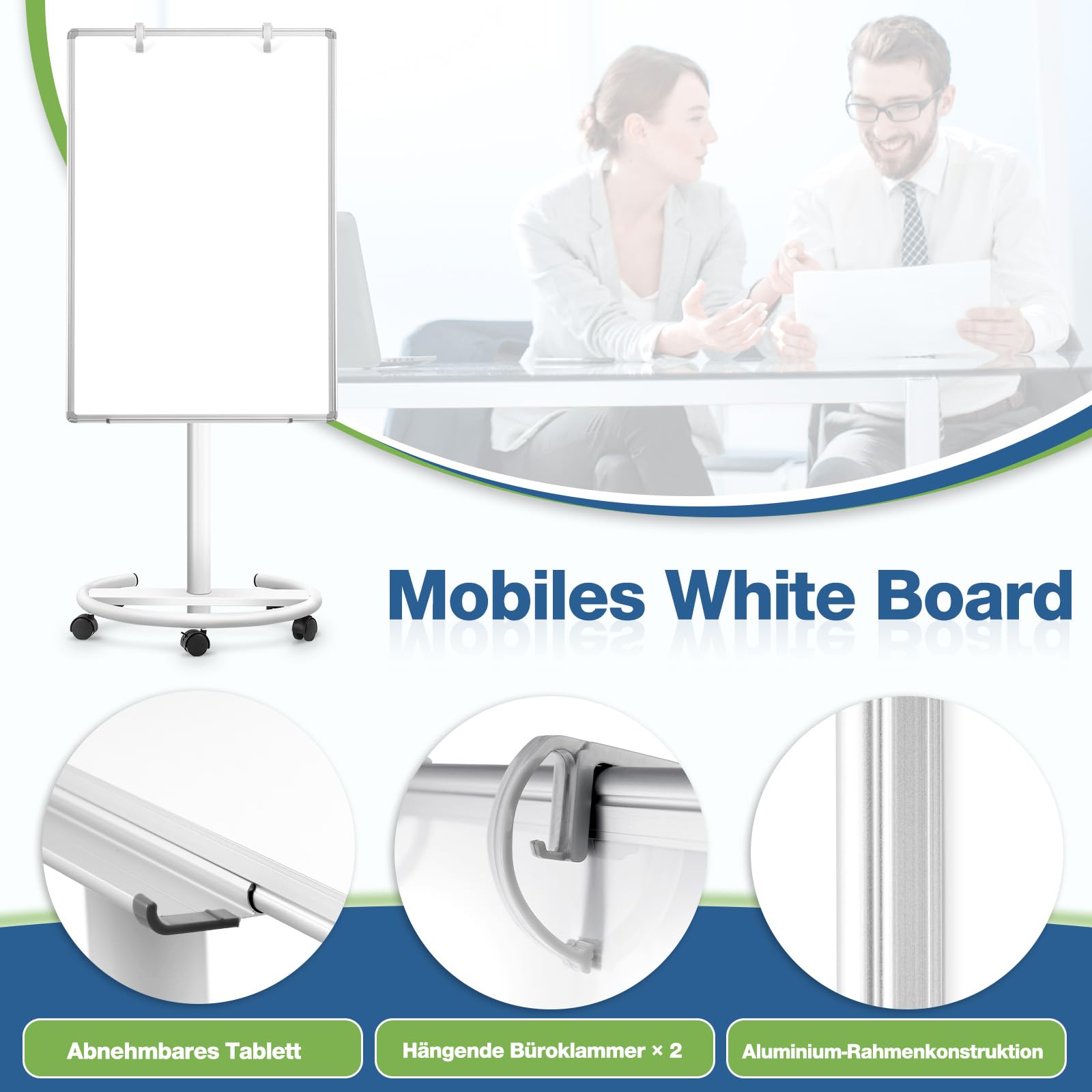 Lavagna bianca mobile, 70 x 100 cm, lavagna magnetica con supporto, lavagna a fogli mobili regolabile in altezza, Dry Erase Standing White Board per ufficio, lezioni