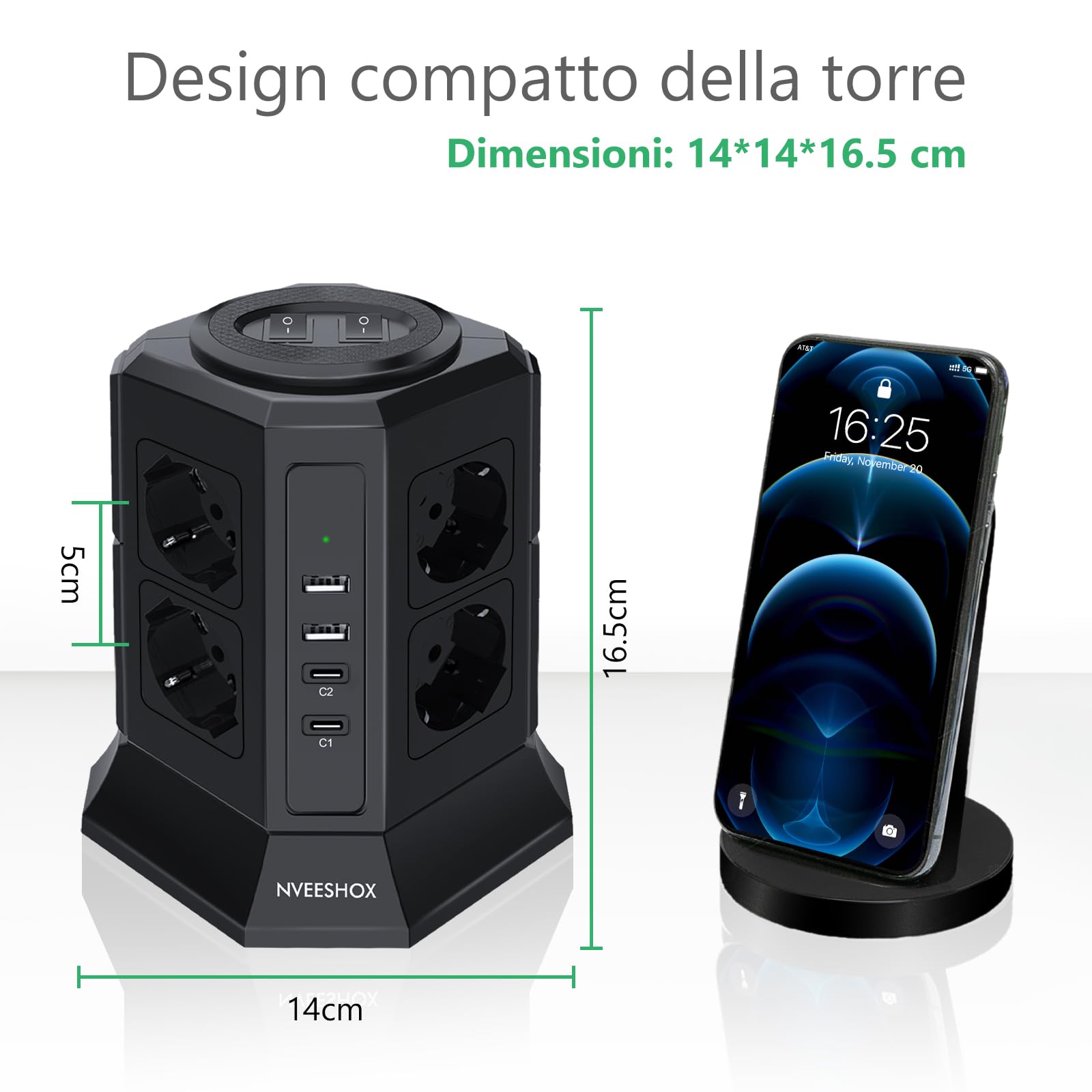NVEESHOX Mehrfachsteckdose mit 8 Universalsteckdosen Schuko(4000W 10/16A) & 2 USB-C (20W PD3.0) & 2 USB-A, IT Mehrfachsteckdose vertikal mit Schalter mit Schalter, Kabel 2 m (schwarz)