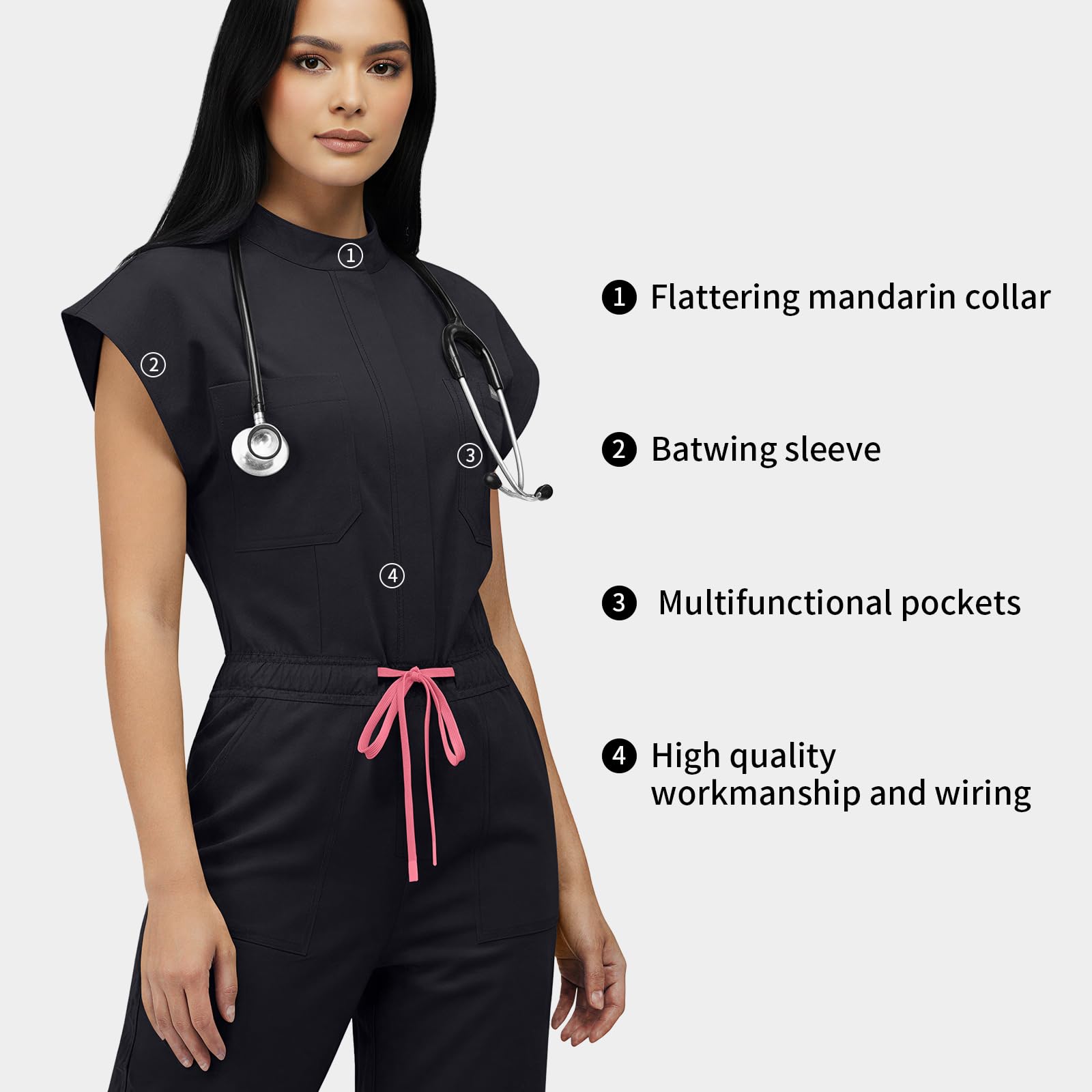 VIAOLI Women's Medical Scrub Jumpsuit - Mandarin Collar, with Drawstring Waist for Nursing Uniforms - 3