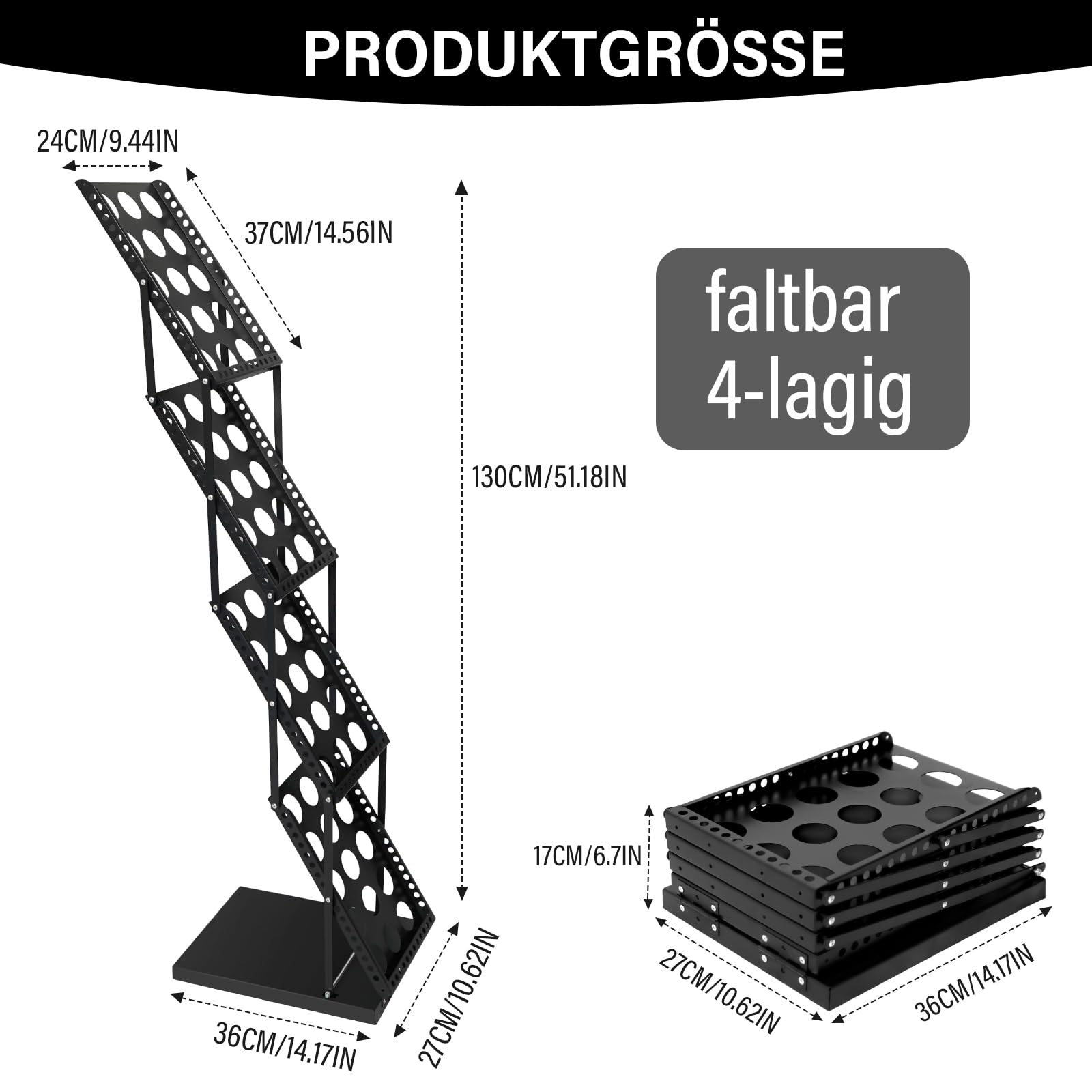 SUNDOY Faltbarer Zeitschriftenständer mit 4 Taschen – Magazinhalter & Broschüre Prospekthalter mit Tragetasche für Büro, Einzelhandel & Messe-Ausstellungen (Schwarz-27Bx36Tx130H)