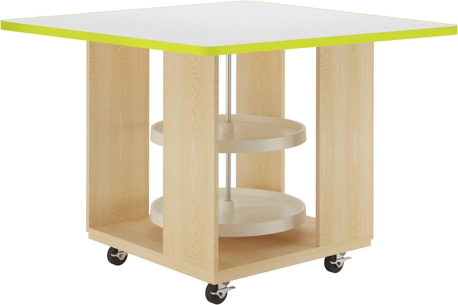 Diversified Spaces Intermix Mobile Collaboration School Workstation, 48"x48"x30'' Open W/ 2X Lazy Susan Turntables, Top Erasable, Edge Lime, Solid Oak, 4 Casters, Makerspace, Art, Classroom