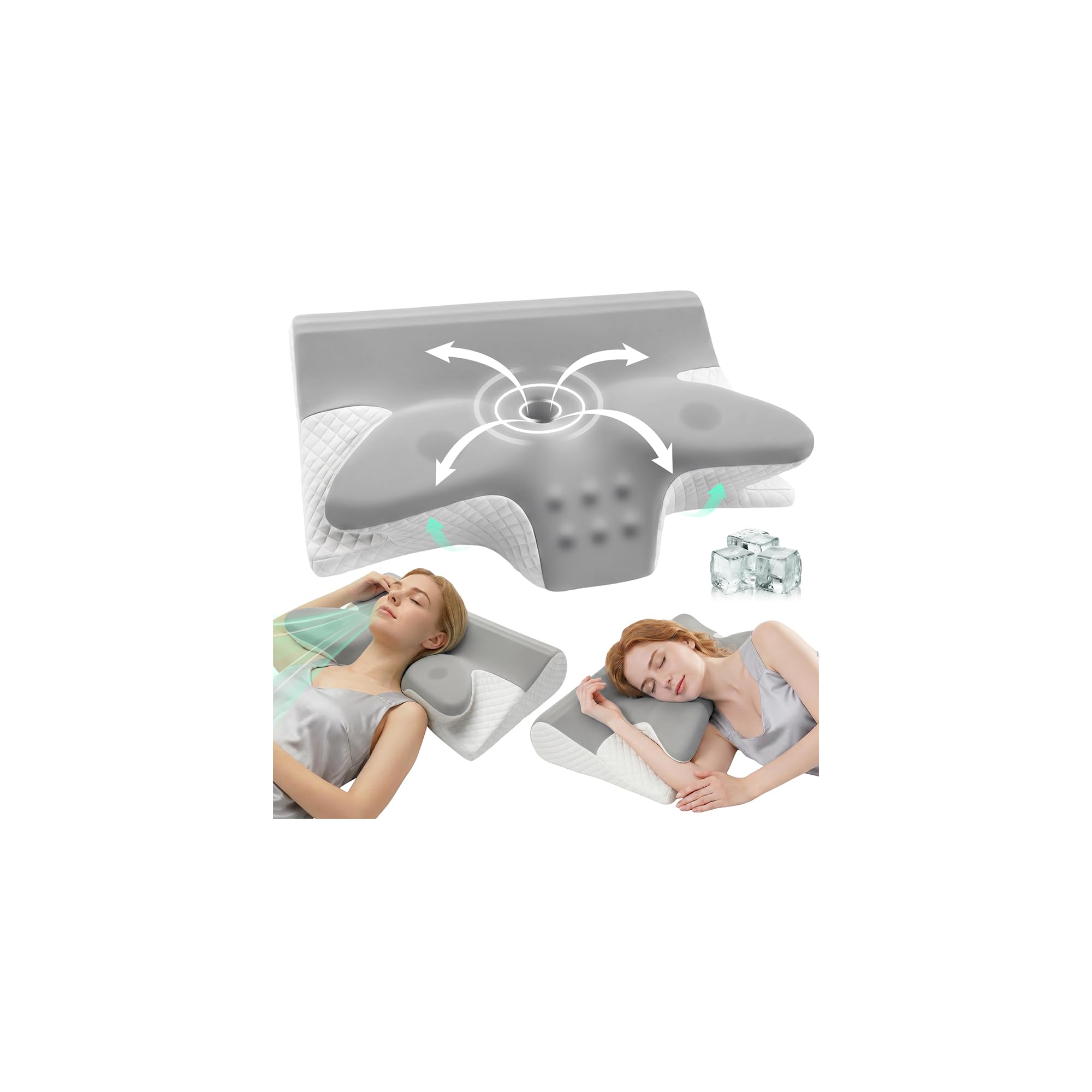 Almohada Cervicales y Cuello 2 en 1, Almohada Ergonómica, Almohada Antironquidos, Ortopedica Cervical para Soporte de Hombro/Cuello/Cabeza de Lado, Espalda y Estómago 60x43x14/12cm Gris