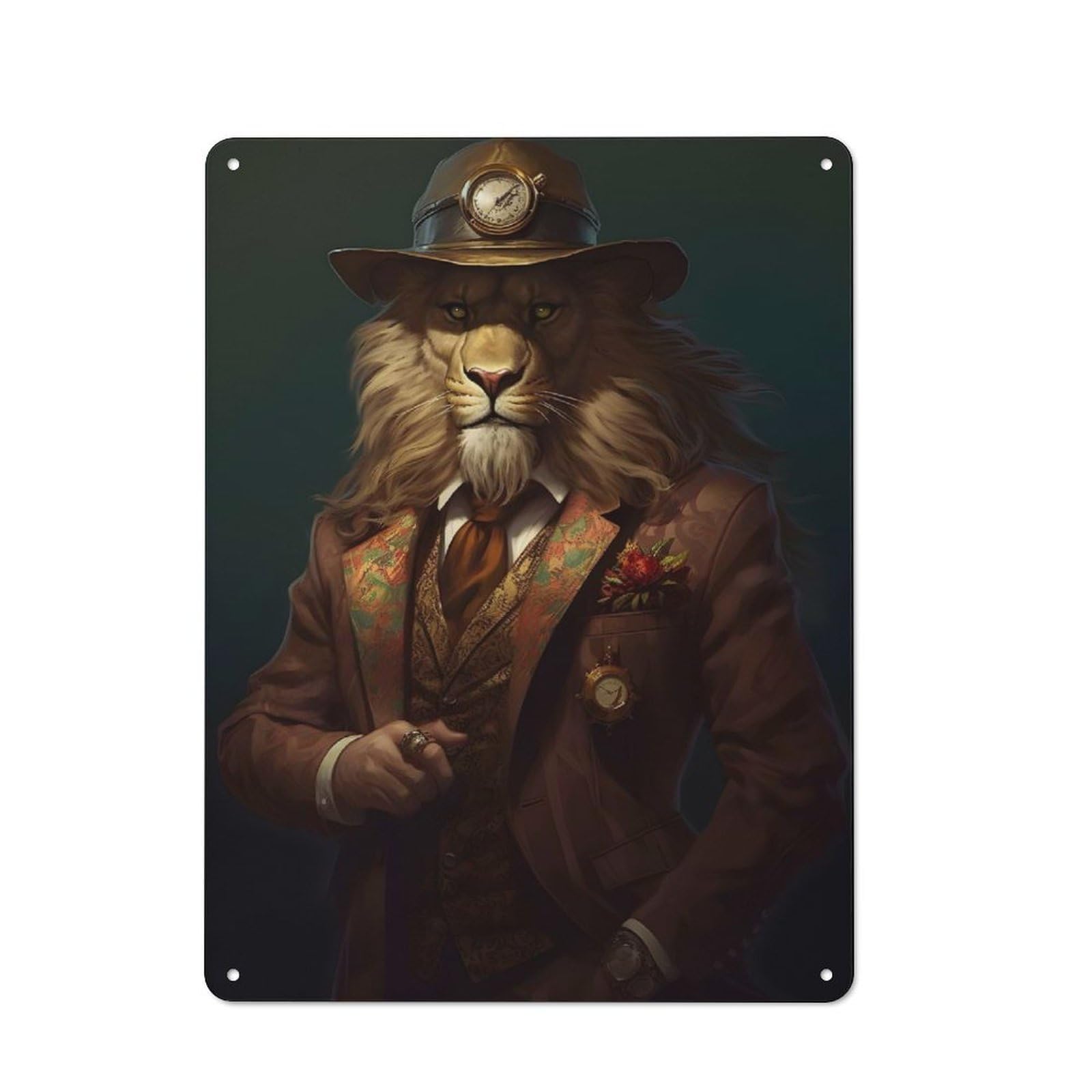 Junmoney Style-3 Tin Wall Plaque 40X30cm With Dapper Lion Gentleman With Clockwork Hat For Man Cave Or Games Room, A Housewarming Gift For Leisure-Room Decor Enthusiasts