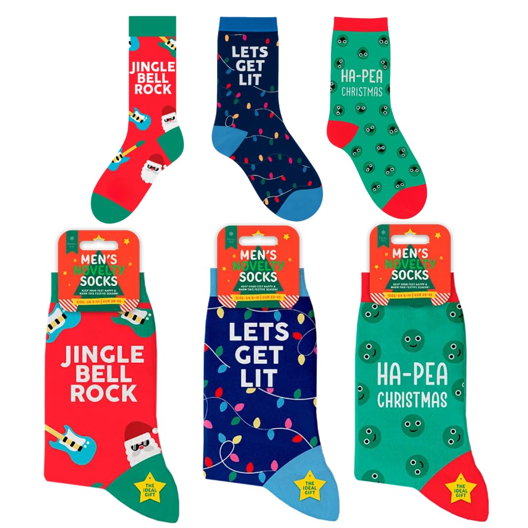 LND Gifts Mens Christmas Socks Pack Of 3 Mens Christmas Stocking Fillers, Funny Socks, Xmas Presents For Him, Novelty Size 6-10 Joke Gifts For Men Ideal For Secret Santa Presents For Him