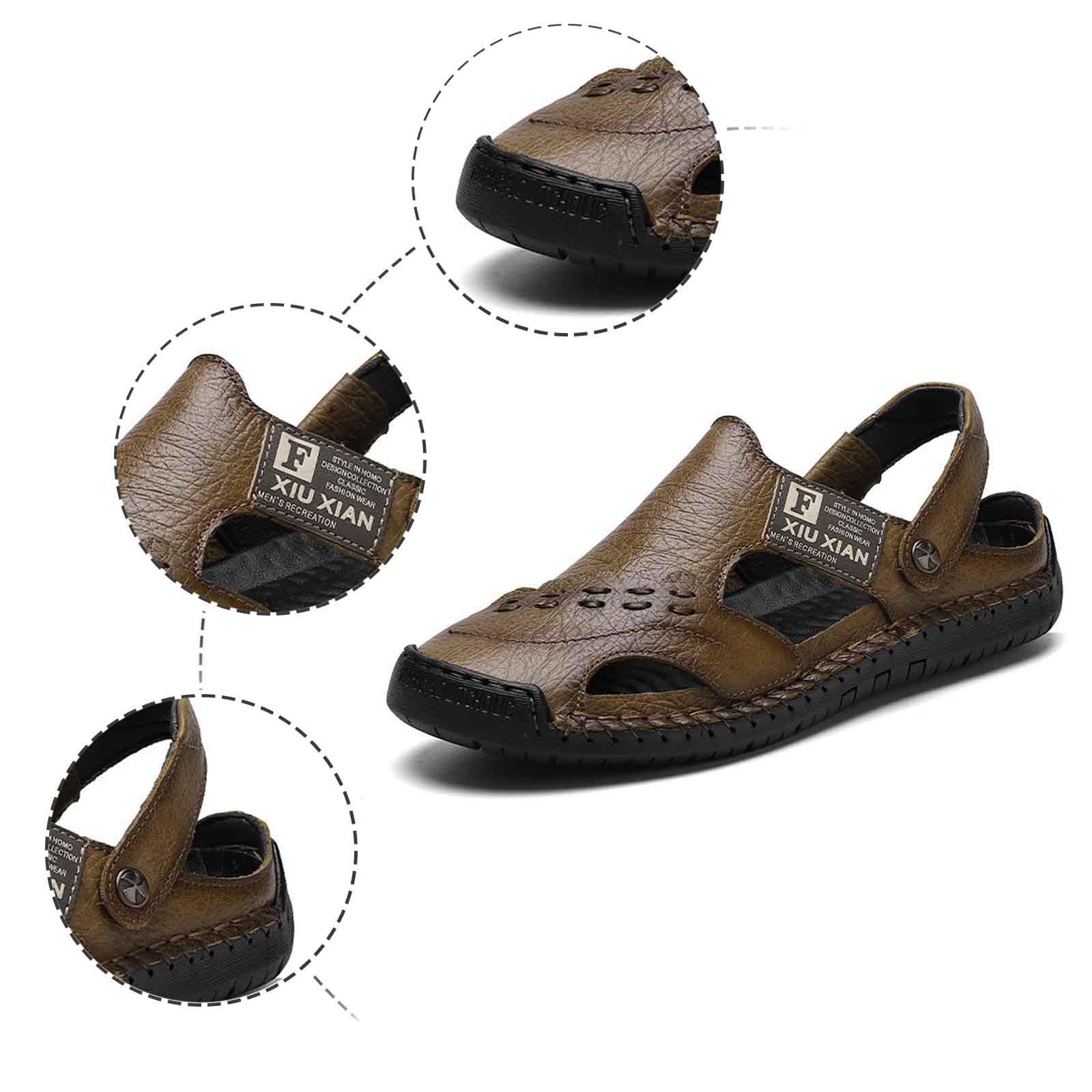 Sandalias Hombre Suela de Goma Cuero con Bandas Ajustables Chanclas Casual Deportivas Punta Cerrada Zapatillas Amortiguado Soporte de Arco Reforzada para Playa Verano Piscina