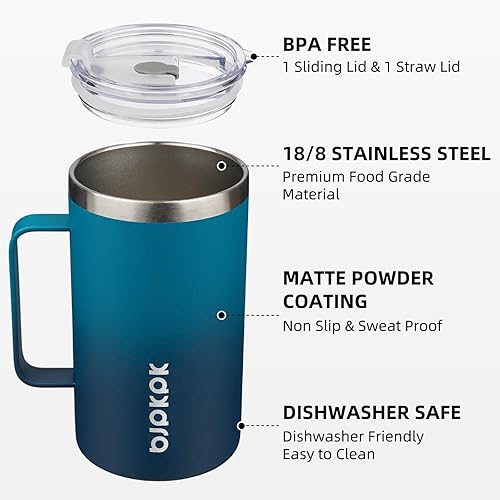 Miniatura 2 de BJPKPK Taza de café aislada con 2 tapas, vaso aislado de acero inoxidable de 25 onzas con asa, tazas de café al vacío de doble pared, taza de viaje