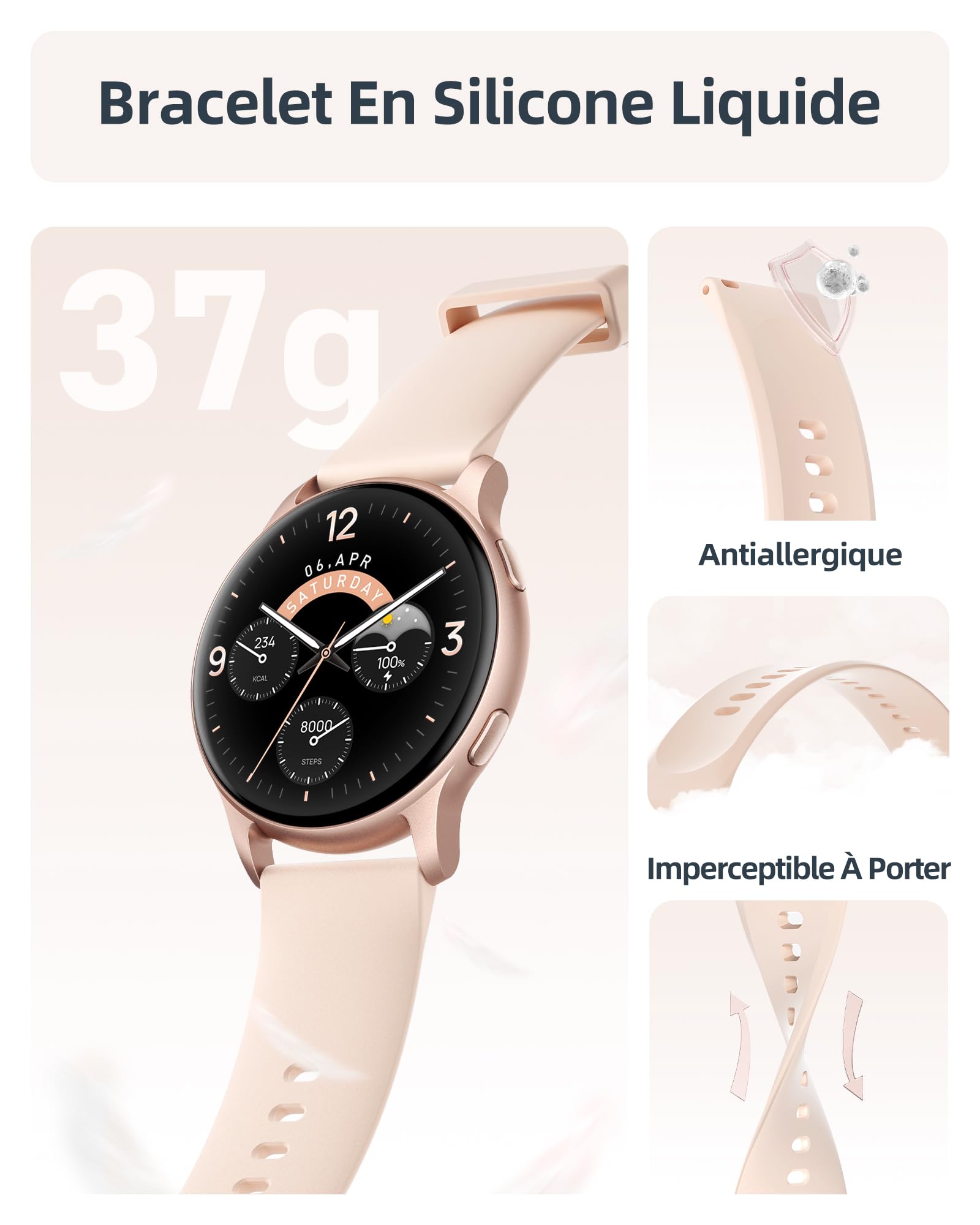 Parsonver Montre Connectée Femme avec Appels Bluetooth, 5ATM Étanche pour Natation, Smartwatch avec 100+ Sportifs, Sommeil, Fréquence Cardiaque, Montre Connecté pour Android & iPhone (Or Rose, 44 mm)