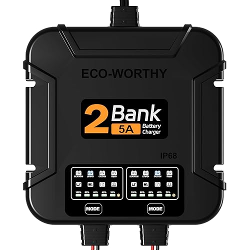ECO-Worthy 2 Bank Marine Battery Charger 10A (5A/Bank), IP68 Waterproof 12V Charger & Maintainer for Boat RV Car, Lead-Acid LiFePO4 & Calcium Battery Desulfator