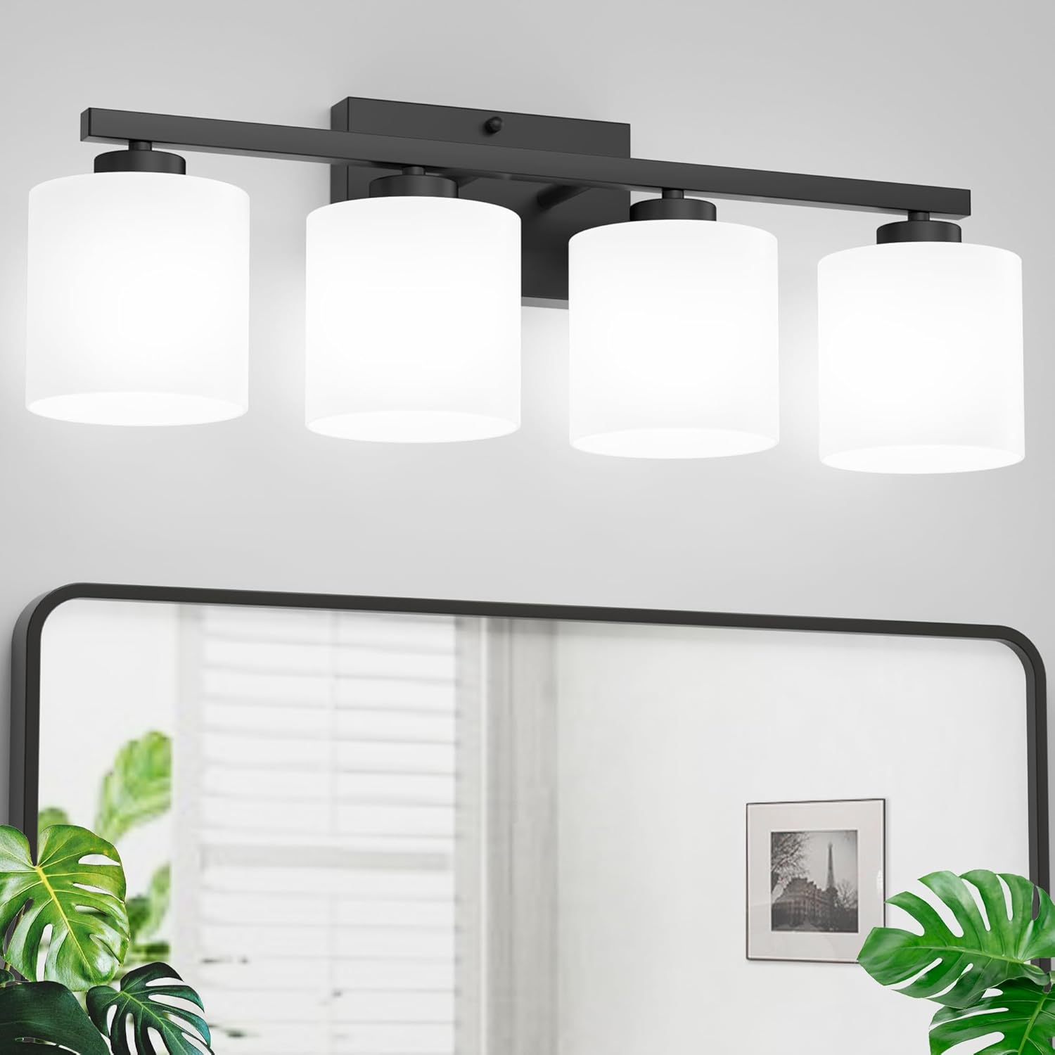 Honesorn Bathroom Light Fixtures 4-Light, Matte Black Bathroom Vanity Light Over Mirror, Modern Vanity Lights for Bathroom with Frosted Shade & Anti-Rust Nickel Finished, E26 Base Vanity Lighting Matte Black 4-Light