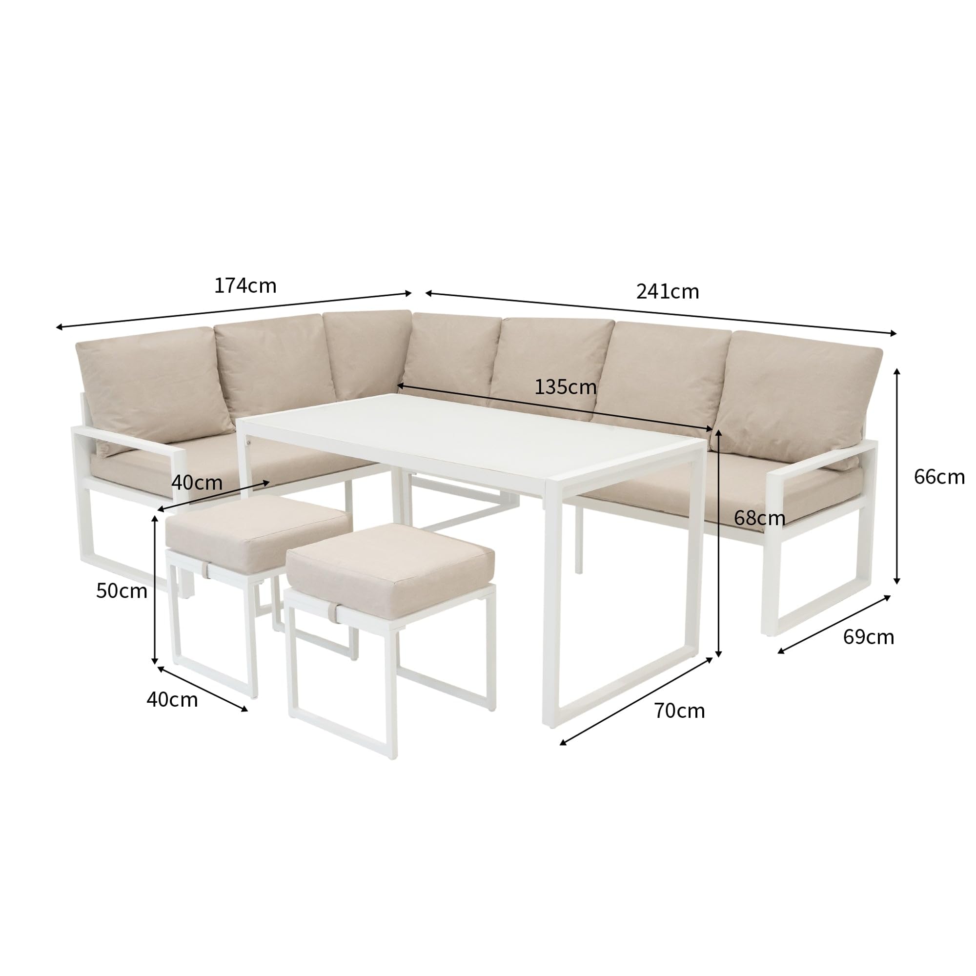 Set da Giardino in Alluminio Bianco con Cassapanca in Rattan Nera – Divano Angolare 7 Posti Tavolo da Pranzo 2 Sgabelli Cuscini Baule 582L con Coperchio a Gas Copertura Impermeabile e Borsa