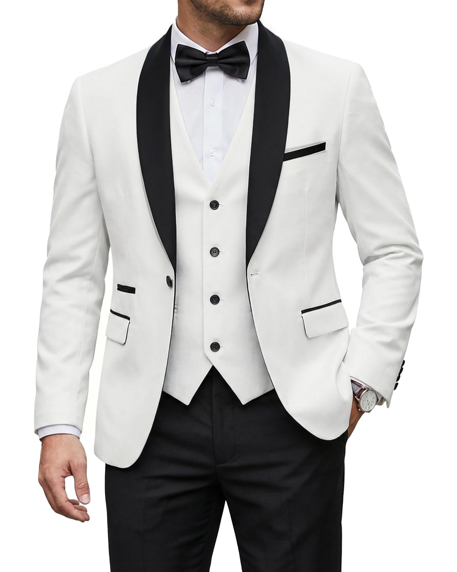Men's 3 Piece Tuxedo Set with Bow Tie, Slim Fit One Button Shawl Lapel Suit Blazer Vest Pants, for Wedding Prom Dinners