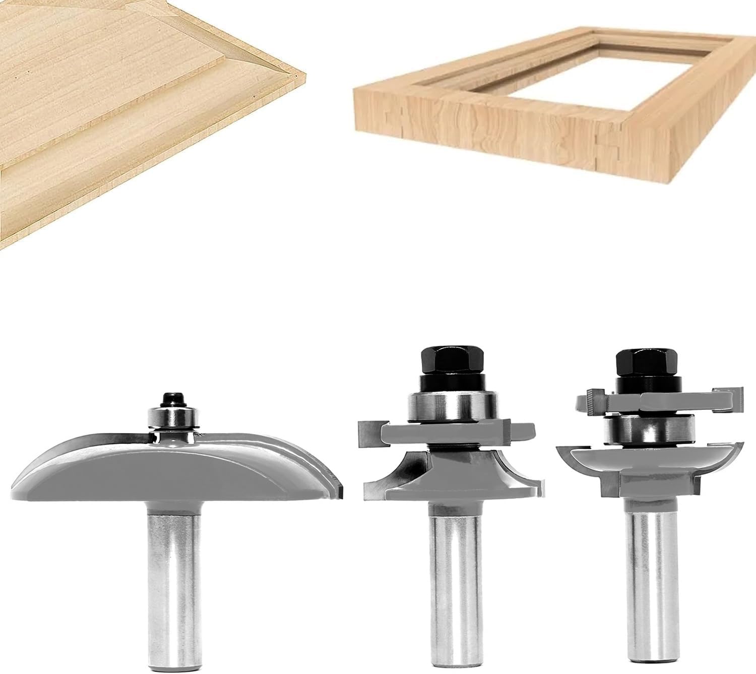 Sinoprotool 1/2-Inch Shank Router Bit Set, 3PCS Raised Panel Ogee Cabinet Door Making Router Bits, Round Over Rail and Stile Router Bits, Cemented Carbide Router Bits, for Woodworking, Door&Window