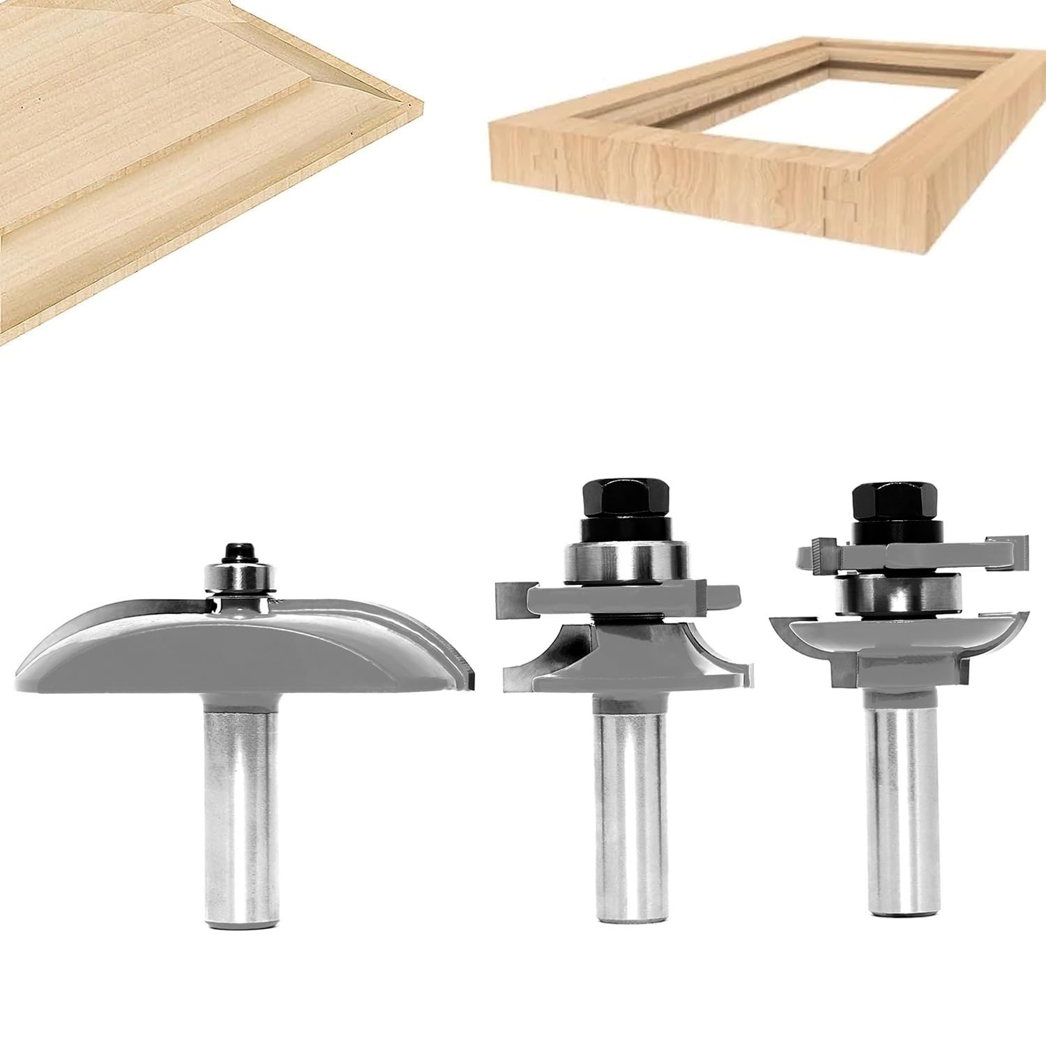 Sinoprotool 1/2-Inch Shank Router Bit Set, 3PCS Raised Panel Ogee Cabinet Door Making Router Bits, Round Over Rail and Stile Router Bits, Cemented Carbide Router Bits, for Woodworking, Door&Window