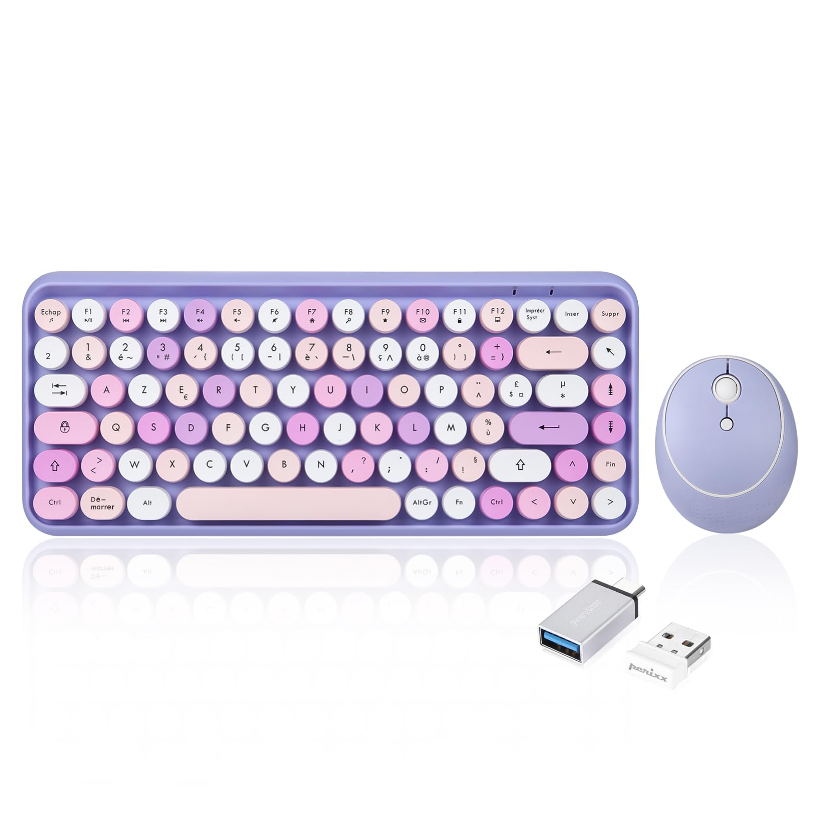 Perixx PERIDUO-713 - Juego de miniteclado y ratón inalámbrico (2,4 GHz, Teclas de Estilo Retro, Redondeadas, Violeta, AZERTY