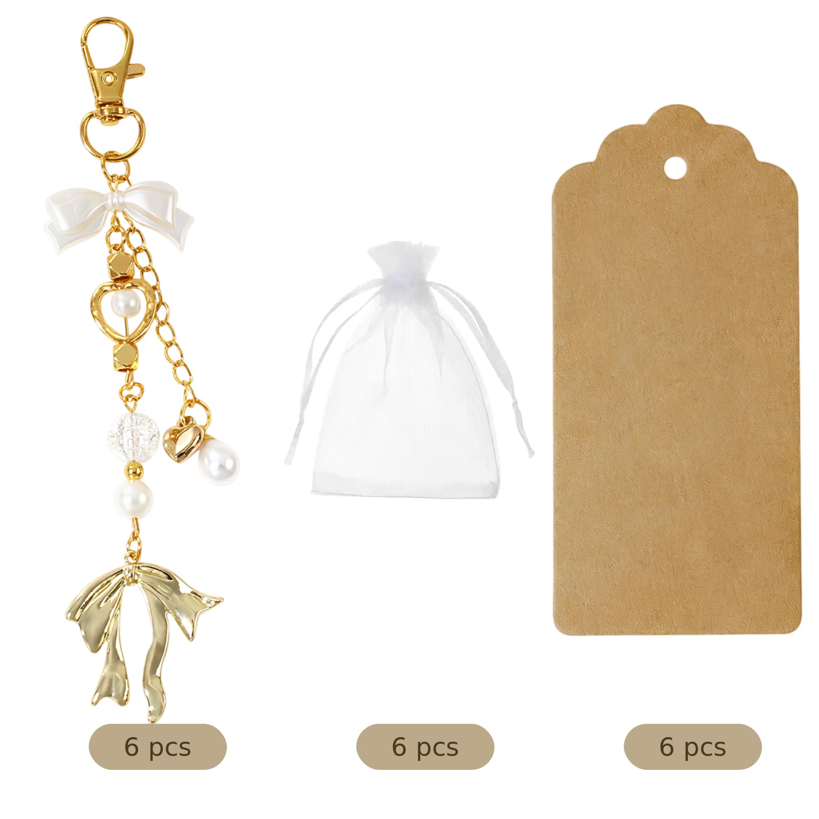 6 Stk. Schlüsselanhänger Set mit goldenen Perlen Schleifen, 5,6 Zoll Charm Zubehör mit Stahlring, Organza Beutel, 3,7 x 1,7 Zoll Kraftanhänger, für Hochzeit, Valentinstag, Brautparty