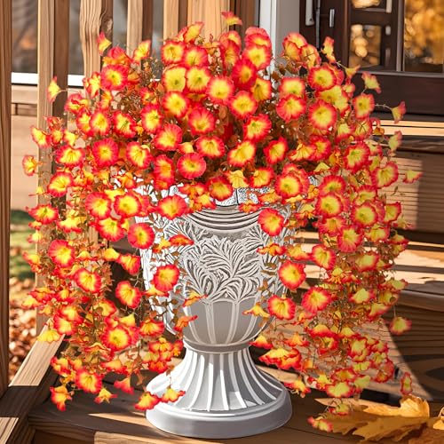 KUANINUNAR 4PCS Autumn Artificial Hanging Flowers Outdoor Fall Fake Flower Orange Faux Flower Silk Petunia Fake Hanging Flowers Plants Trailing Vines for Home Patio Garden Autumn Decorations