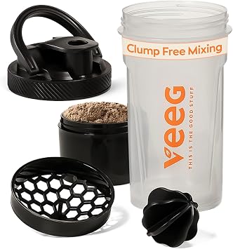 VEEG Shaker Bottle for Protein Mixes - 24 oz Leak-Proof Gym Shaker, with Mixing Ball & Strainer for smooth shakes or electrolytes, Storage Cup, Spill-Proof Lid, BPA-Free, Dishwasher Safe Shaker Bottle