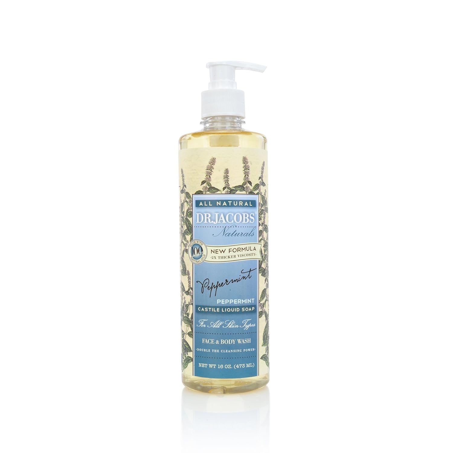 Dr. Jacobs Naturals Castile Face and Body Wash Soap with Pump Dispenser, Peppermint, 16 oz.