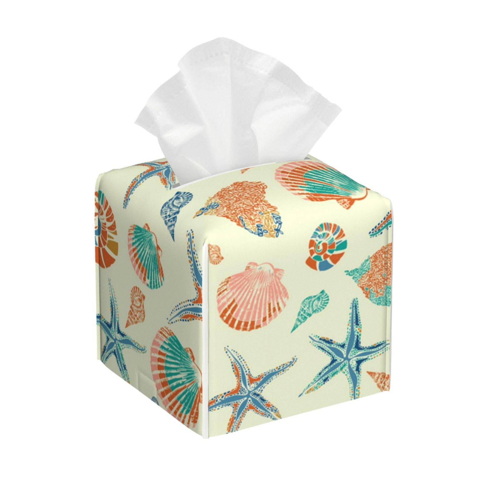 Starfish Seashell Square PVC Tissue Box Cover Modern Decorative Holder for Bathroom Vanity
