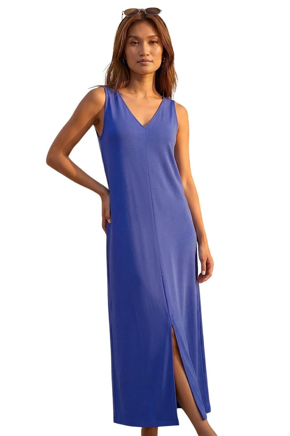 Roman Originals Women's Blue Soft Pique Stretch Midi Dress For Uk - Everyday Holiday Spring Summer V-Neckline Comfy Soft Evening Vacation Work Party - Size 14