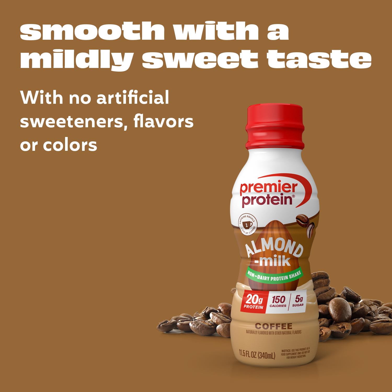 Premier Protein Non-Dairy Plant Based Almondmilk Protein Shake, Coffee with Caffeine for Energy – 20g Protein, 5g Sugar, 11.5 Fl oz, 12 Count