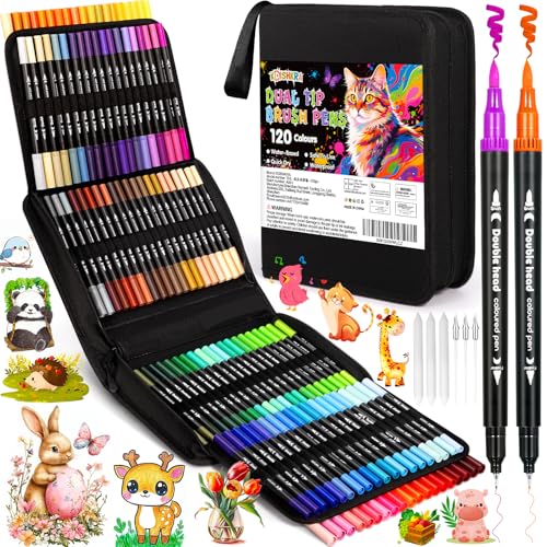 KDISHKRA 120 Couleurs Double Pointe Feutre Aquarelle, Feutres Coloriage Adulte pour Dessiner, Manga, Doodling, Scrapbooking, Croquis, Coloriage, Crayon de Couleurs Professionnel Enfants