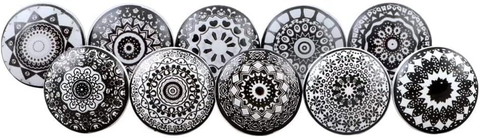 Craft Trade Ceramic Cabinet & Drawer Knobs – Decorative Kitchen Cabinet Hardware, Cupboard & Dresser Knobs – Handcrafted Furniture Pull Handles, Round Design (Black & White, Set of 10)