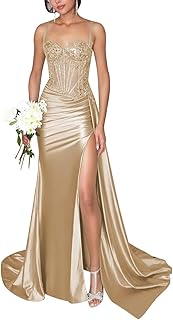 Spaghetti Strap Satin Prom Dresses Long Lace Appliques Mermaid Formal Party Dress with Slit EL32 - Buy now