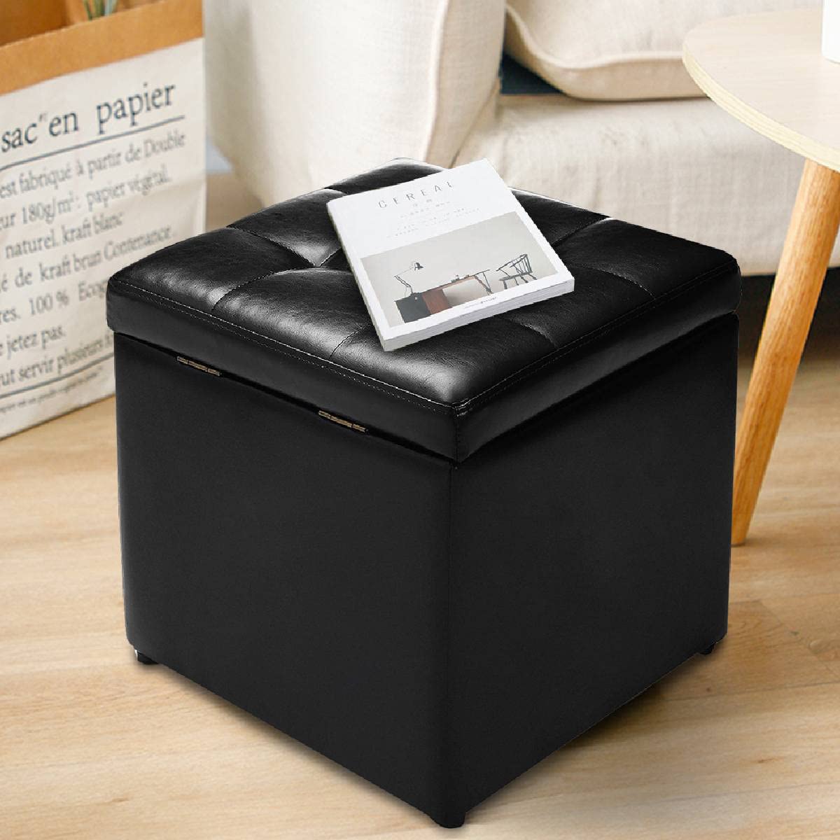 Multigot Storage Ottoman, Linen Fabric/Faux Leather Foot Stool with Hinge and Padded Seat, 40x40x40CM Cube Bench for Living Room, Bedroom and Office, 150Kg Capacity (Faux Leather, Black)
