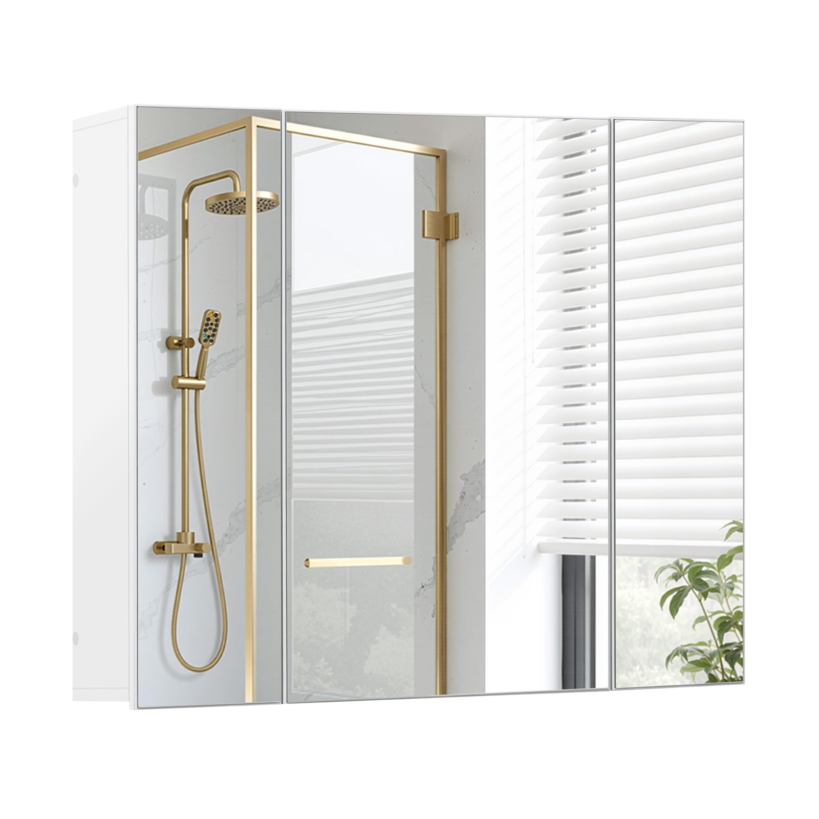 EUGAD Armadietto Bagno con Specchio, Mobile Bagno Sospeso, con 3 Ante, Ganci, Ripiani Regolabili, Stile Nordico, Bianco, 70x14,5x61 cm