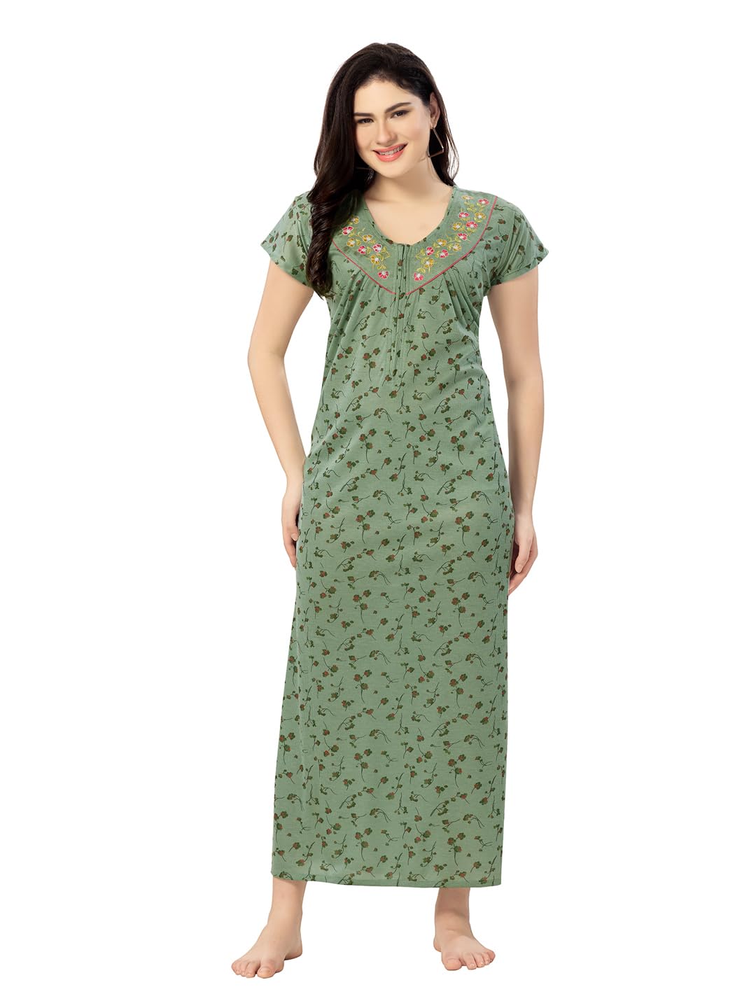 for you for me Women's Cotton Hosiery Printed Nighty Maxi Gown, Short Sleeve, V Shaped Neck | Nighty Nightdress Gown for Women-picture-24