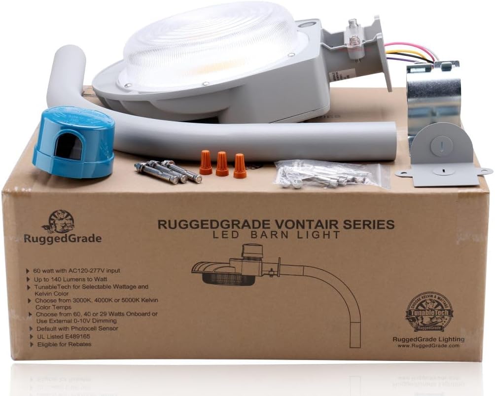 RuggedGrade 60W - Vontair Series - LED Barn Style Light with Arm Mount + Photocell - 9,000 Lumens - Color Selectable 3000K/4000K/5000K - Gray Housing - Outdoor Light - DLC 5.1 Premium