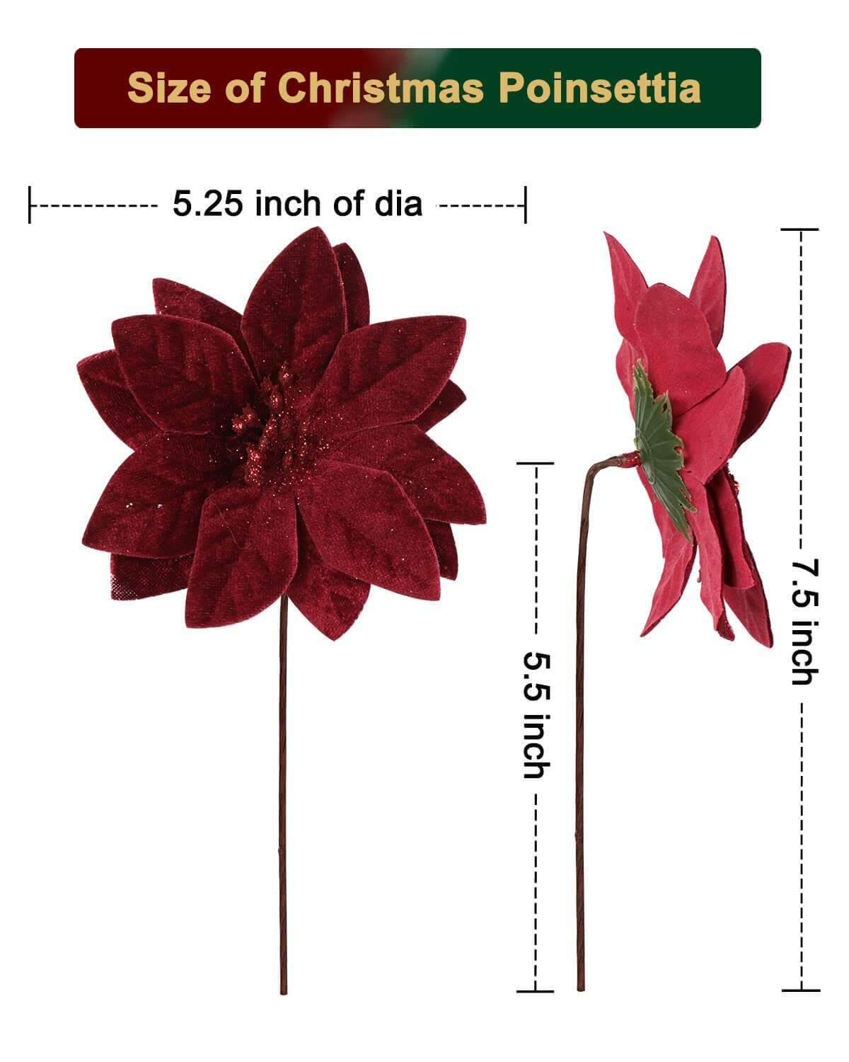 vensovo 12,7 cm rote Weihnachtsstern-Blumen für den Baum – 24 Stück tiefrote Weihnachtsblumen mit Stiel für Baumrock, Weihnachtsdekoration, ideal für den Weihnachtsbaum