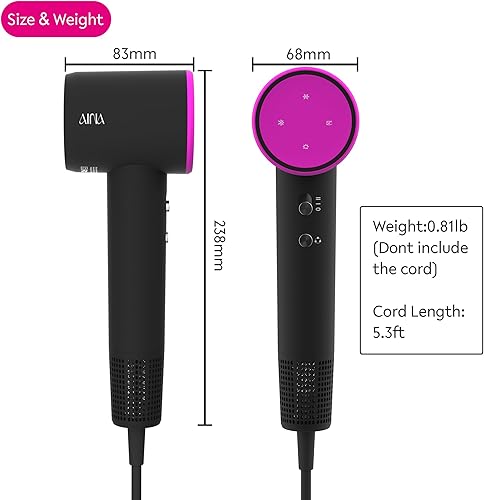 Miniatura 2 de Secador de pelo Aina, secador de pelo - motor sin escobillas, 110,000 RPM ligero, iónico de viaje 110V/enchufe ALCI (Sexy Rose)