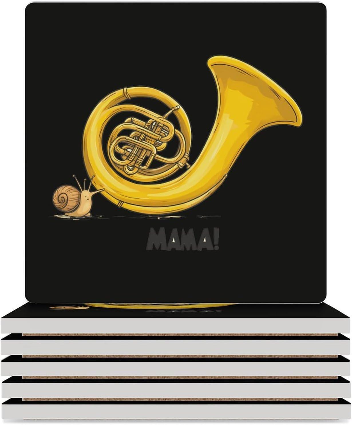 French Horn Snail Orchestra Coasters for Drinks Square Table Coasters Set Cup Mats with Cork Base
